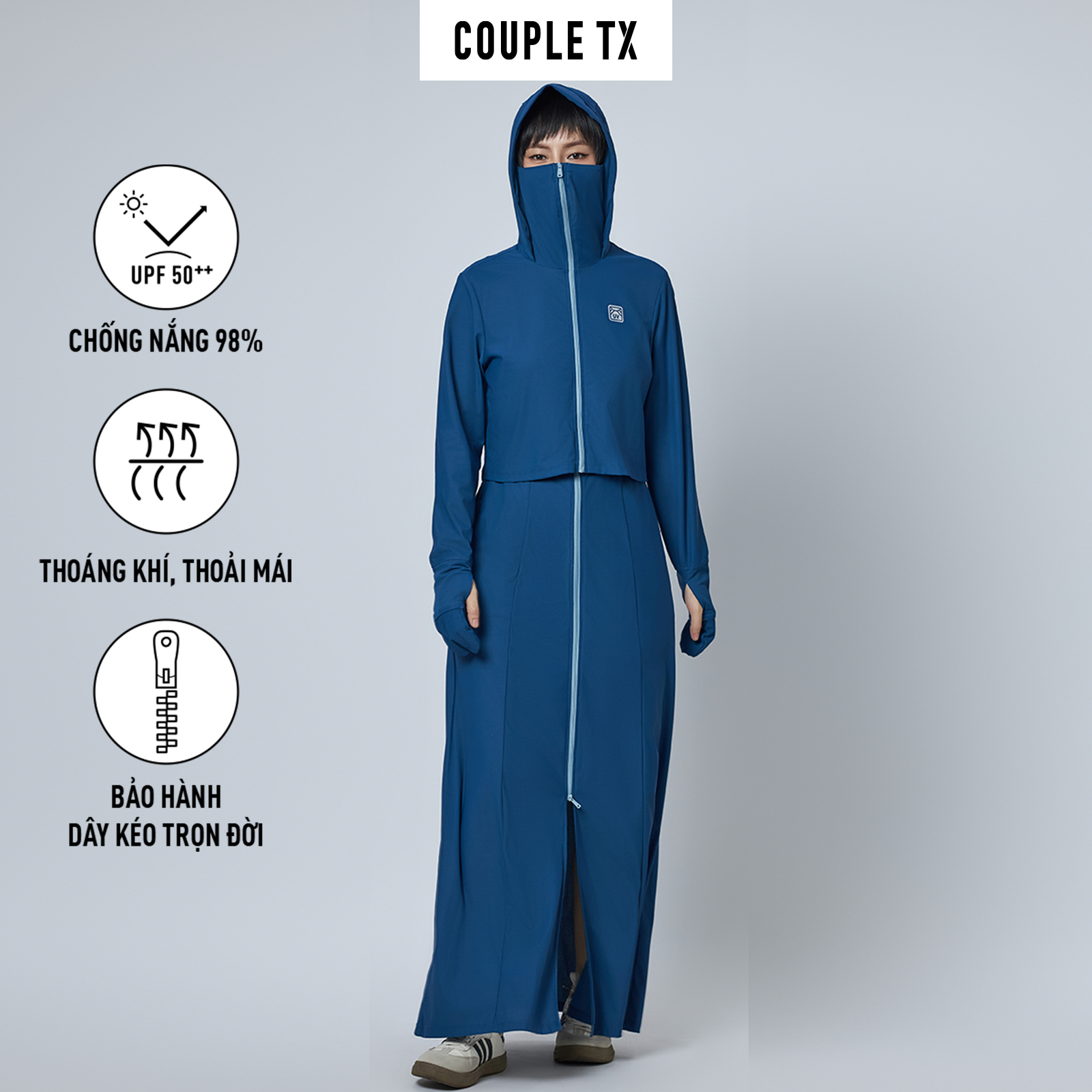 Áo Khoác Chống Nắng Nữ COUPLE TX - Chống Tia UV Cao Cấp Kiểu Ninja Dáng Dài Có Nón Có Túi Có Dây Kéo