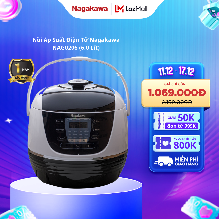 [Freeship] Nồi áp suất điện tử Nagakawa NAG0206 dung tích 6 lít bảng điều khiển điện tử tích hợp 14 