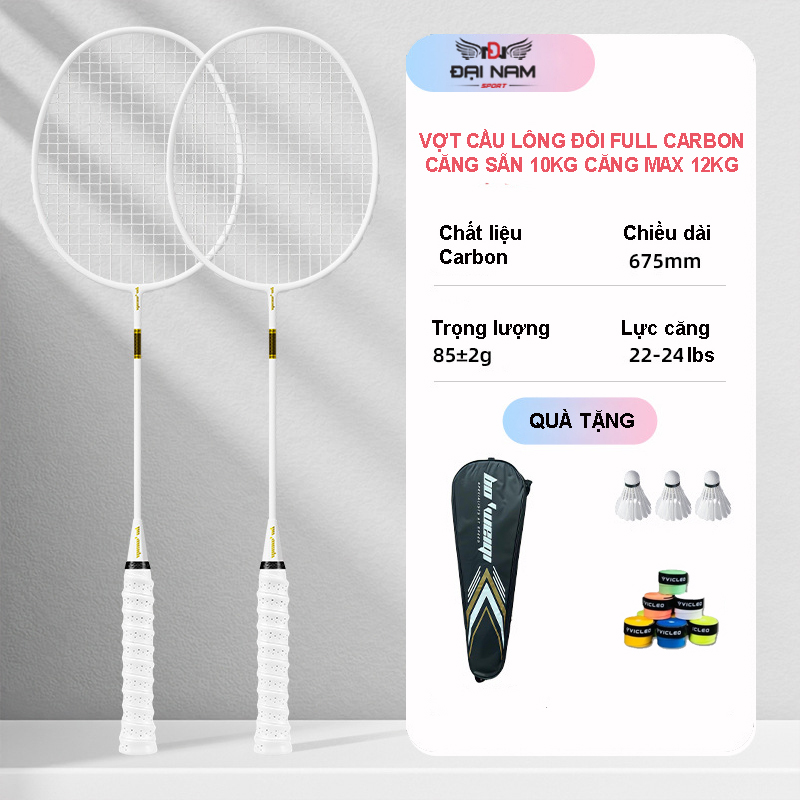 Bộ 2 Vợt Cầu Lông Khung Carbon 710 Lực Căng Sẵn 10kg Căng Max 12kg Chính Hãng Đại Nam Sport + Tặng T