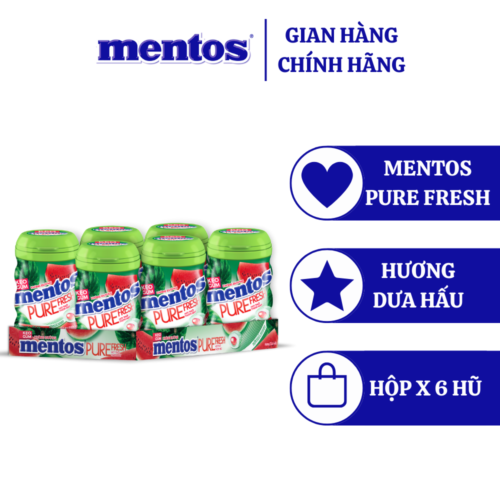 Kẹo Gum Mentos Pure Fresh Hương Bạc Hà (Hộp 6 hũ)