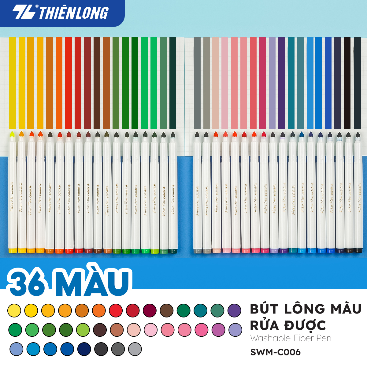 Hộp Bút Lông 36 Màu Fiber Pen Washable - Nét Mảnh Nét To - Thiên Long Colokit