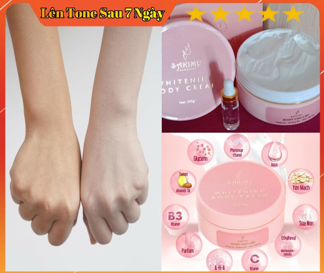 Kem Body Trắng Da Sakimy Trọng Lượng 200G Tặng Kèm 1 Chai Serum Sakimy Tặng Thêm 5 Bàn Chải ( Chính Hãng ) Miễn Phí Ship Toàn Quốc