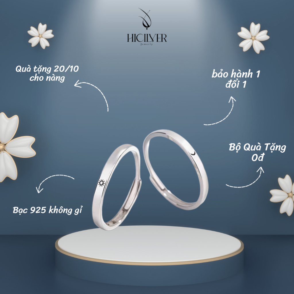 Nhẫn đôi bạc Hicilver bạc 925 nhẫn cặp đôi mặt trời và mặt trăng NĐ10 không gỉ size nhẫn tự điều chỉ