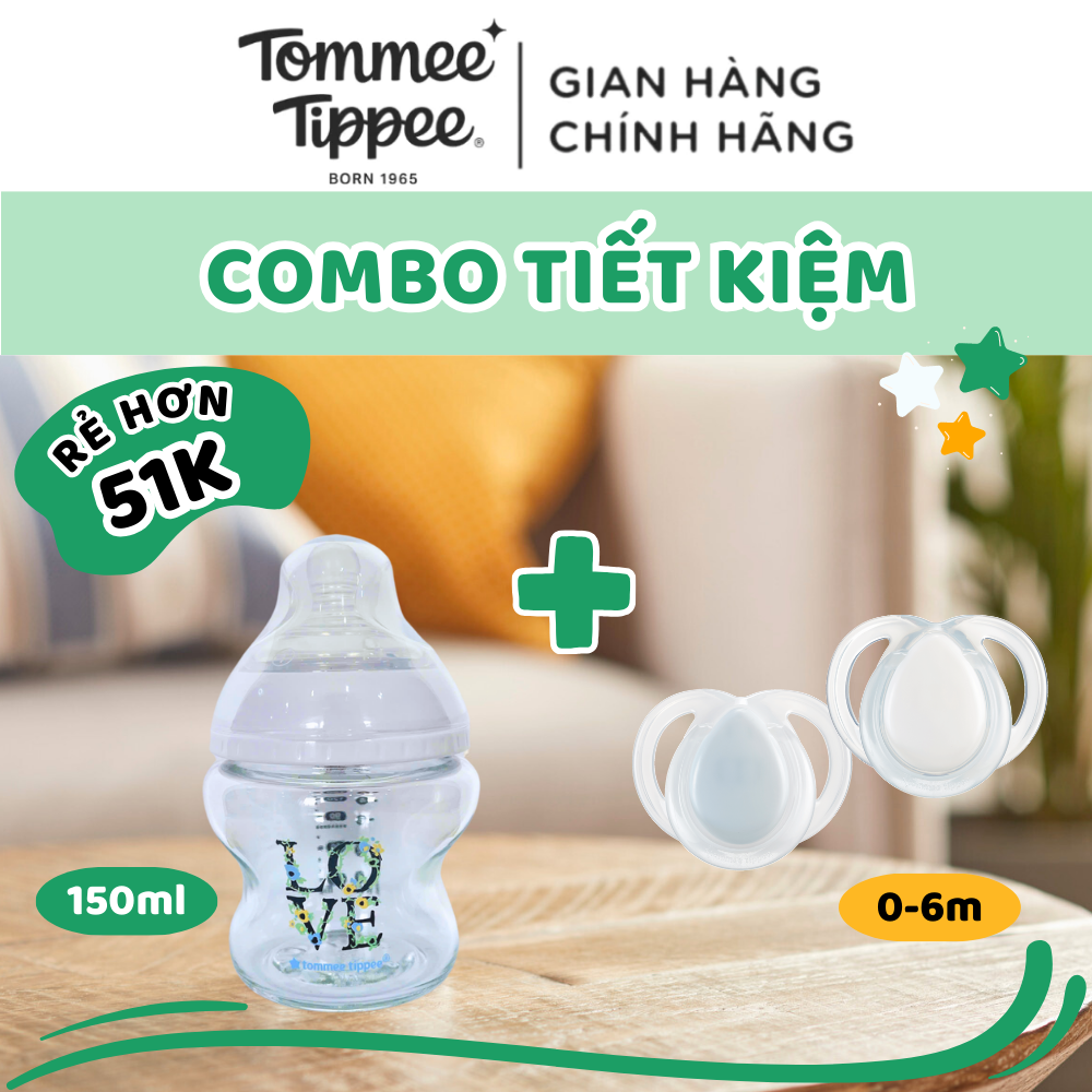 COMBO Ty Ngậm Dạ Quang Tommee Tippee Night Time 0 -6m & Bình Sữa Thủy Tinh Ty Siêu Mềm Tommee Tippee