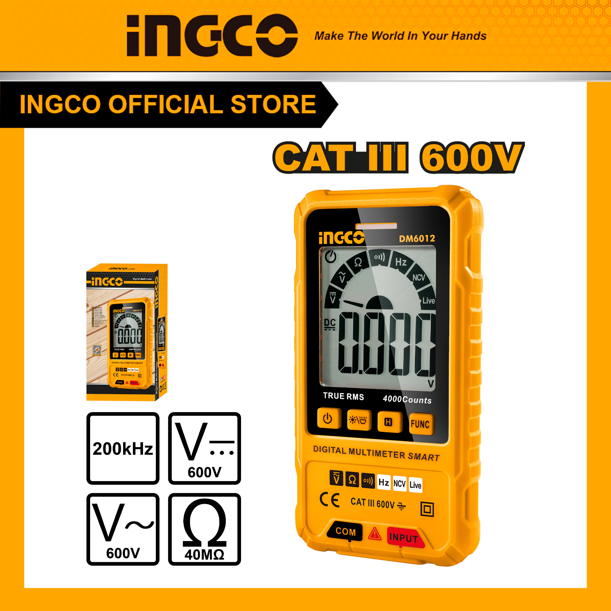 Đồng hồ đo điện vạn năng INGCO DM6012 hiển thị số đếm RMS 4000 thực đo điện áp DC AC điện trở
