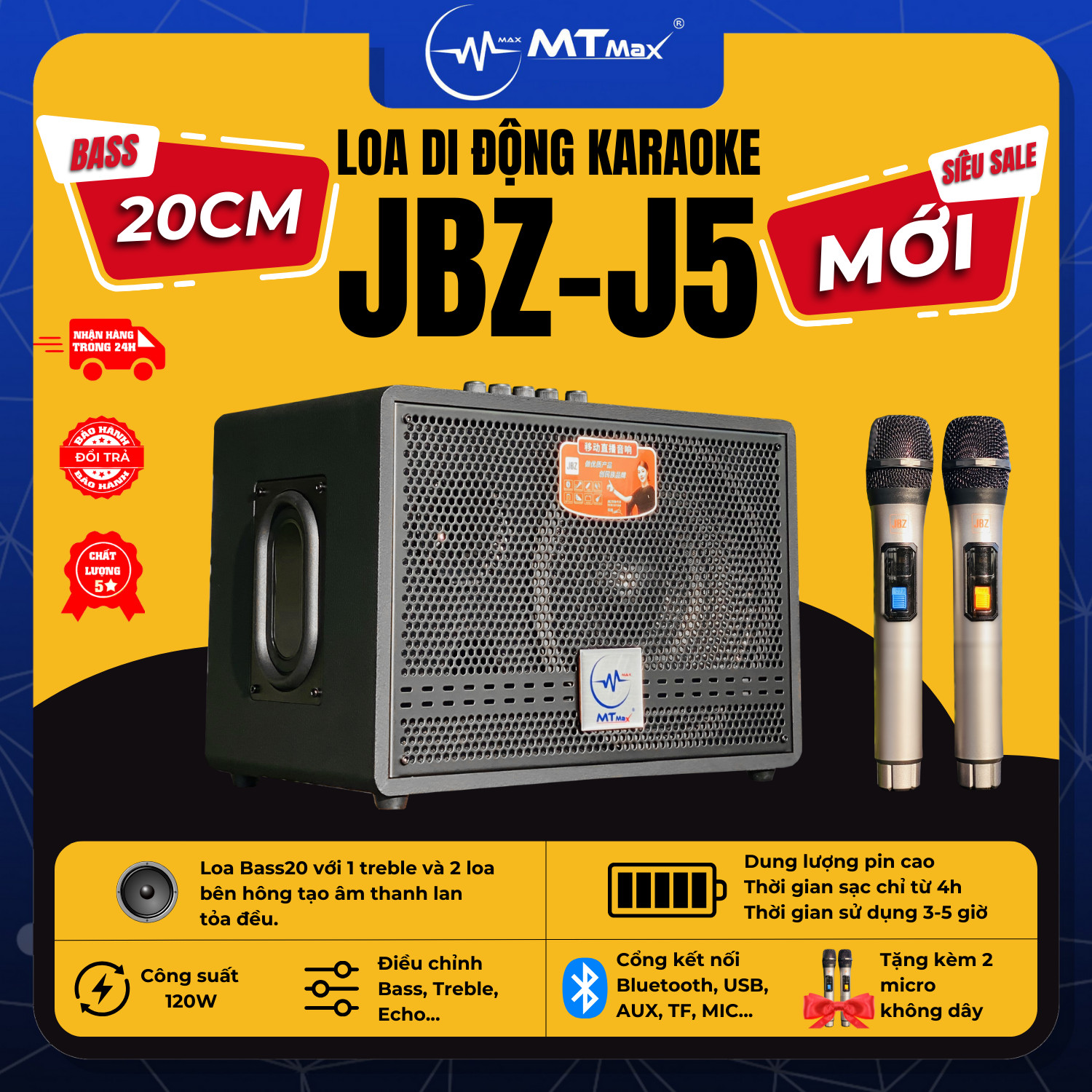 [ Hàng Nhập Khẩu ] Loa Xách Tay Di Động JBZ J5 - Loa Cao Cấp Bass 20cm Siêu Trầm Kèm 2 Micro Không D