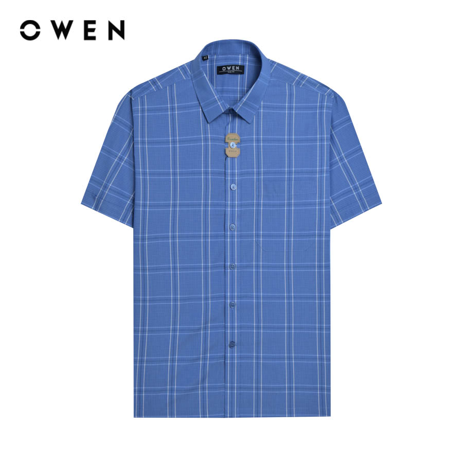OWEN - Áo sơ mi ngắn tay Body Fit AB250064NT màu Xanh dương chất liệu Bamboo poly