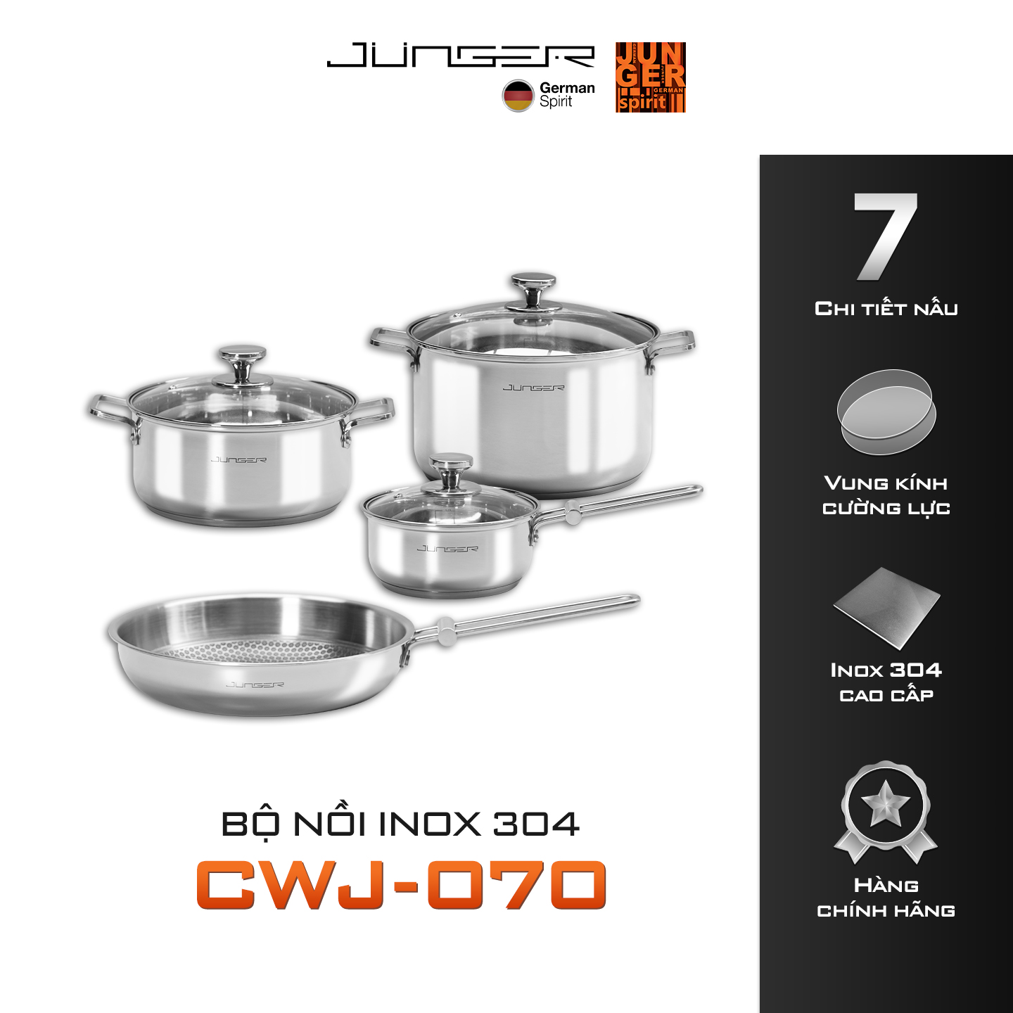 Bộ nồi inox 304 Junger  CWJ-070 7 chi tiết Tay cầm cách nhiệt Hàng Chính Hãng Bảo Hành 12 Tháng