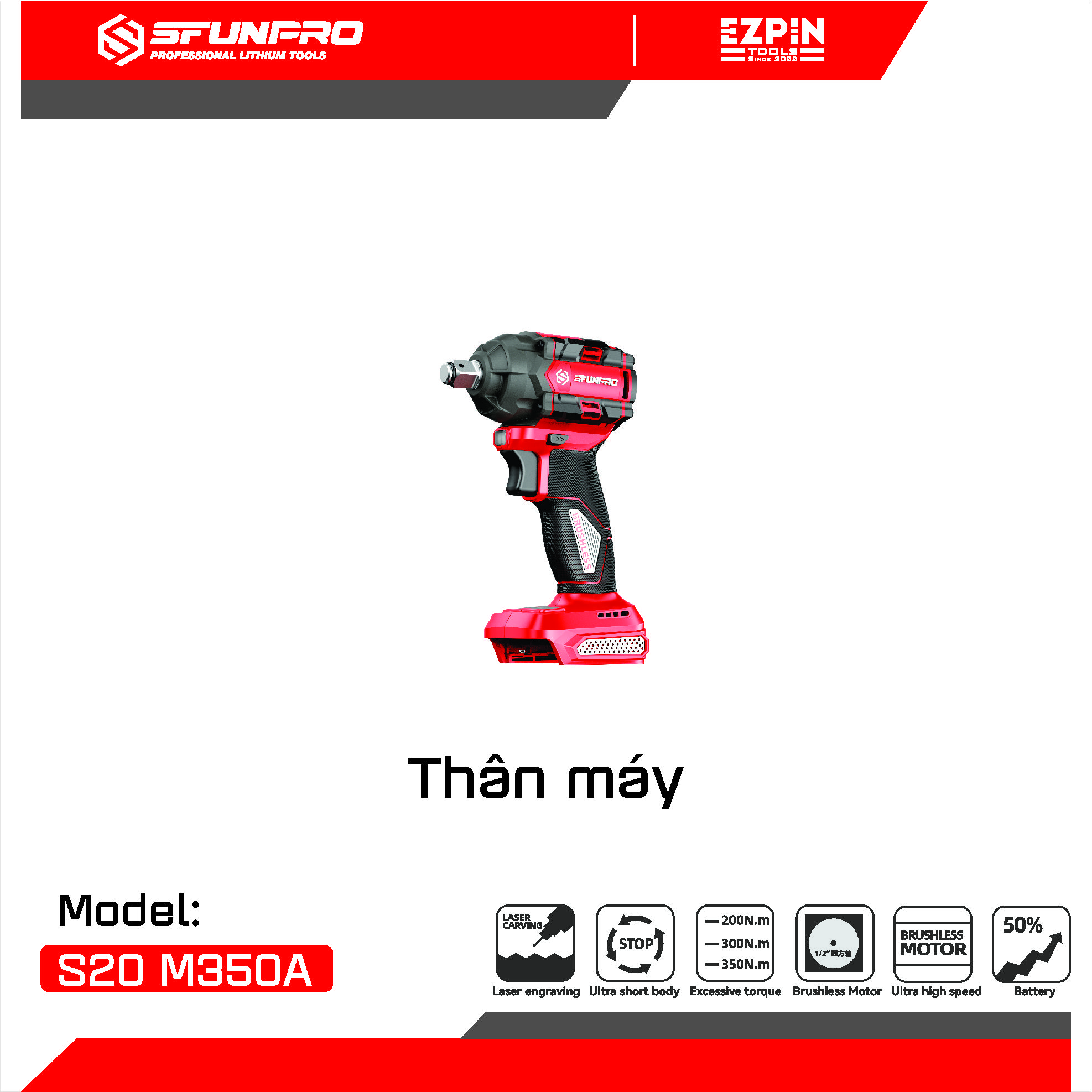 [S20 M350A] Máy Mở Ốc Bulong Pin 350Nm SFRUNPRO Động Cơ Brushless Pin 2.0Ah/4.0Ahh Chính hãng