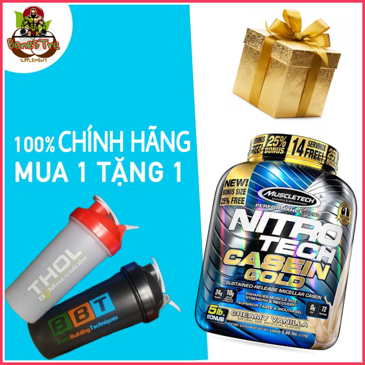 Sữa Tăng Cơ Nitrotech Casein Gold Của Muscletech Hộp 71 Lần Dùng Hỗ Trợ Xây Dựng Và Phát Triển Cơ Bắp Suốt 8 Tiếng