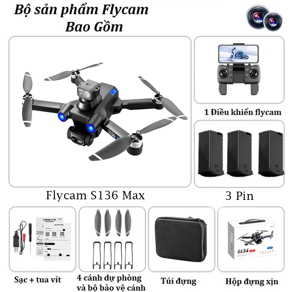 Máy Bay Flycam Mini Drone Camera S136 Pro Max Cảm Biến Chống Va Chạm Máy Bay Điều Khiển Từ Xa 4 Cánh Định vị G.P.S tự quay về không chổi than bay 25 phút tầm xa 3000m