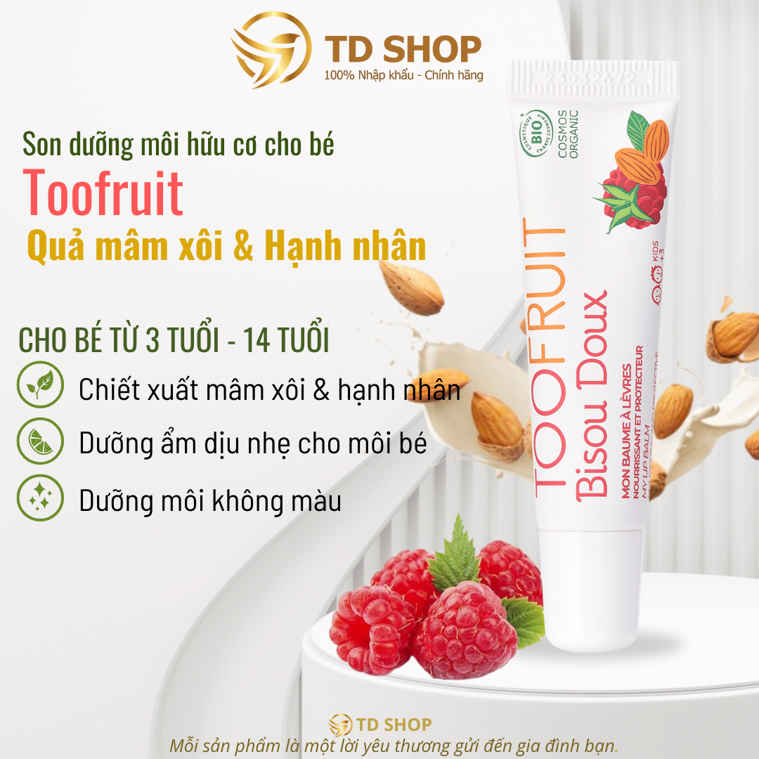 [NK Pháp] Son dưỡng môi hữu cơ cho bé từ 3 tuổi TOOFRUIT "Bisou Doux" lip balm for kids 10 ml - TD S