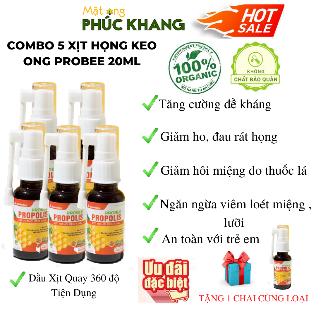 *Mật Ong Phúc Khang - Combo 5 Chai Keo Ong Xịt Họng Probee 20Ml - Tặng 1 Chai Cùng Loại - Xịt Họng Thảo Dược - Ống Xịt Quay 360 Độ Tiện Lợi - Tăng Cường Đề Kháng - Giảm Ho - Kháng Khuẩn Vòm Họng