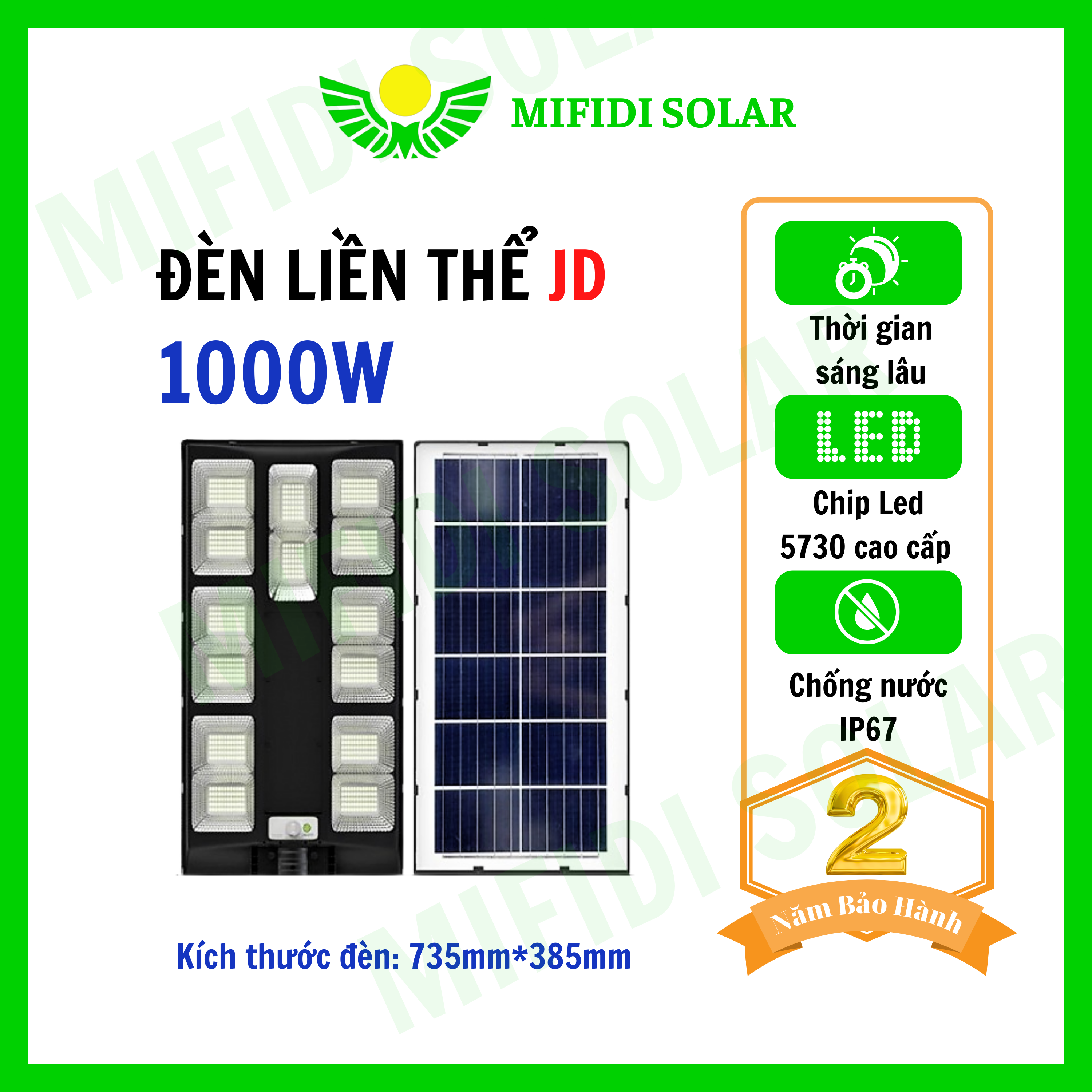 Đèn liền thể 1200W - 1000W - 500W năng lượng mặt trời chính hãng Mifidi Solar tấm pin lớn sáng xuyên