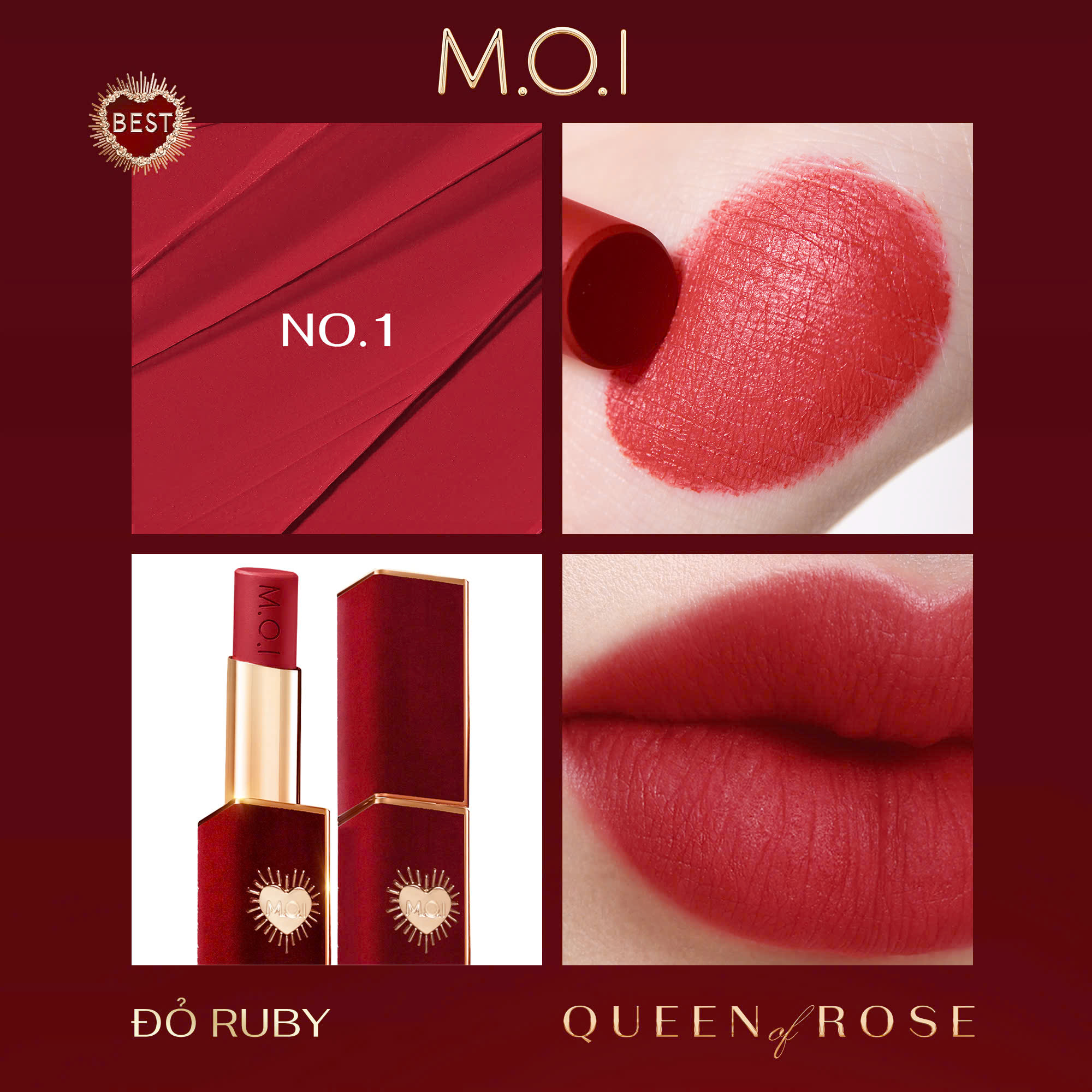 SON THỎI LÌ QUEEN OF ROSE BY M.O.I HỒ NGỌC HÀ  PHIÊN BẢN GIỚI HẠN . MUA 3 SON ( MẪU MỚI ) TẶNG TÚI N