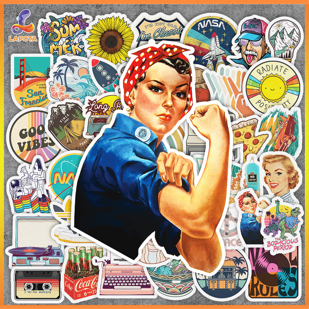 Set 50 cái Sticker Vintage dán mũ bảo hiểm hình dán Vintage chống nước decal Vintage cổ điển trang trí sổ laptop