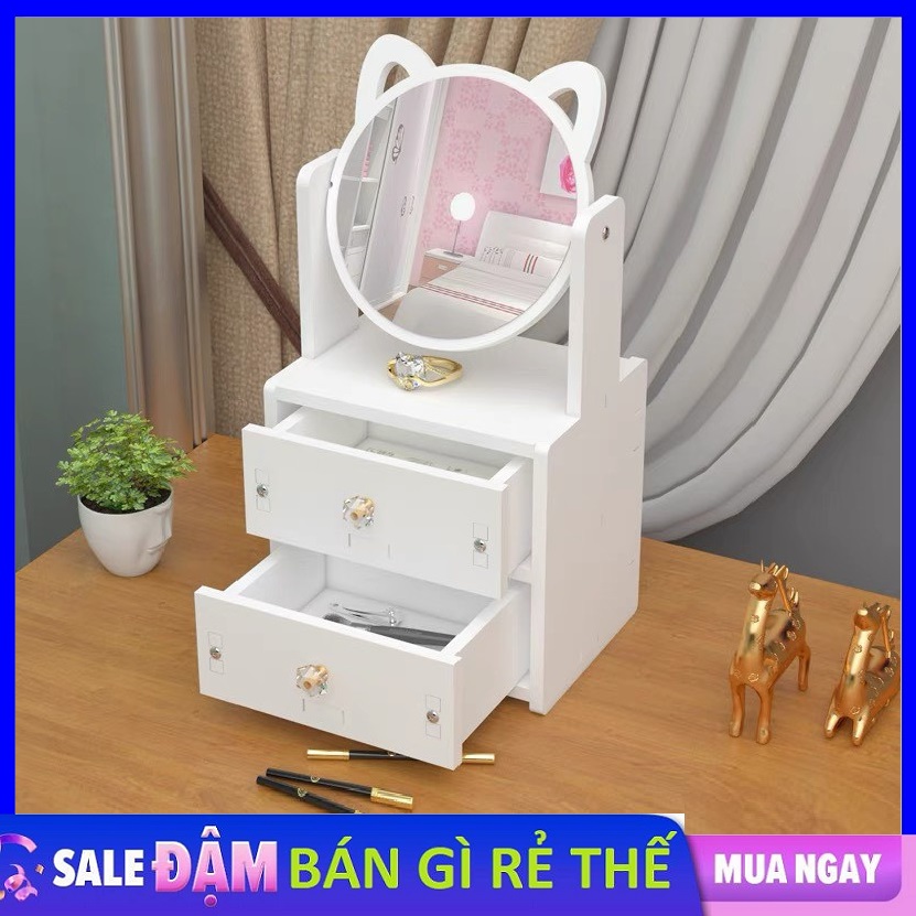 Kệ Để Đồ Trang Điểm Có Kèm Gương Tai Mèo Dễ Thương - Kệ Mỹ Phẩm Mini 2 Tầng - Bàn Trang Điểm Mini Có