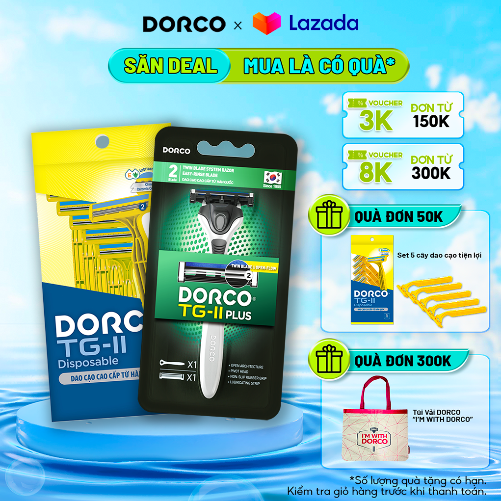 Combo Hộp Dao Cạo Dorco 2 Lưỡi Dorco TG-II Plus & Gói 05 Dao Cạo 2 Lưỡi Dorco Dorco TG-II Disposable