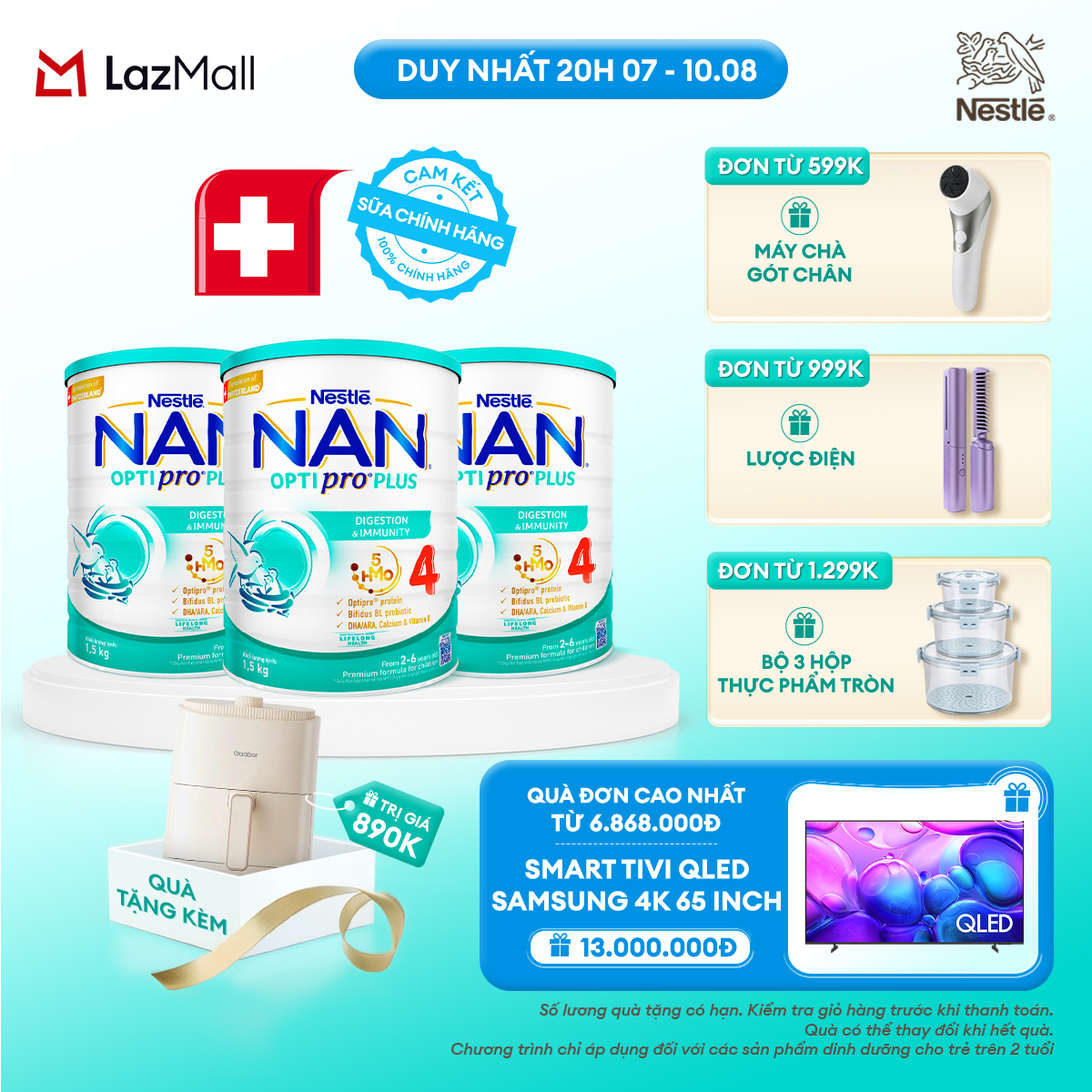 [CHỈ 20H 07-10.08 QT ĐƠN 599K/999K/1299K] [Tặng Nồi chiên không dầu Gaabor] Bộ 3 lon Sữa bột Nestlé NAN OPTIPRO PLUS 4 1500g/lon với 5HMO Giúp tiêu hóa tốt