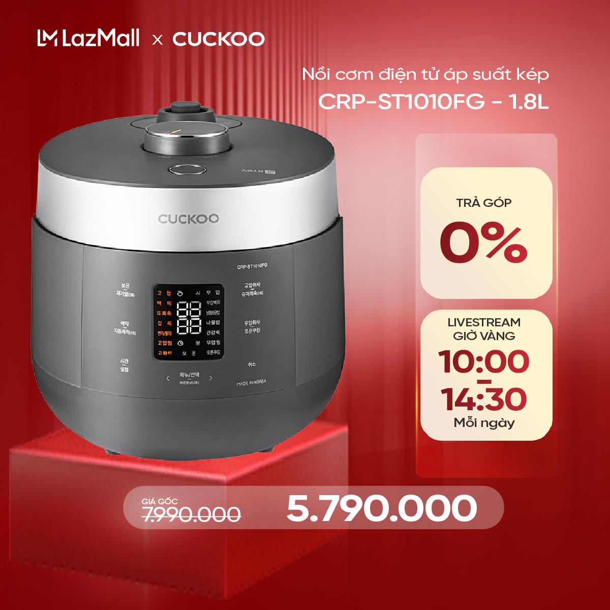 Nồi cơm điện tử áp suất kép Cuckoo 1.8L CRP-ST1010FG - Lòng nồi phủ men Xwall độc quyền - Bảng điều
