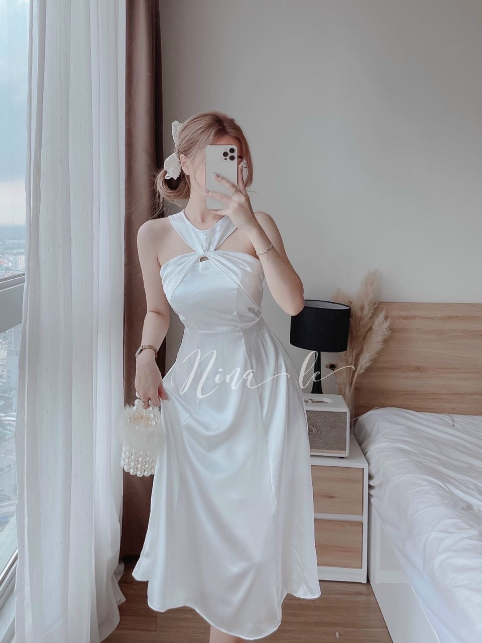 [ Voucher 50k Freeship Max 0 đồng toàn quốc ] Đầm cổ yếm chất phi lụa đầm trắng đi tiệc đầm nữ Hàn Quốc đơn giản váy maxi xòe đi biển cổ yếm