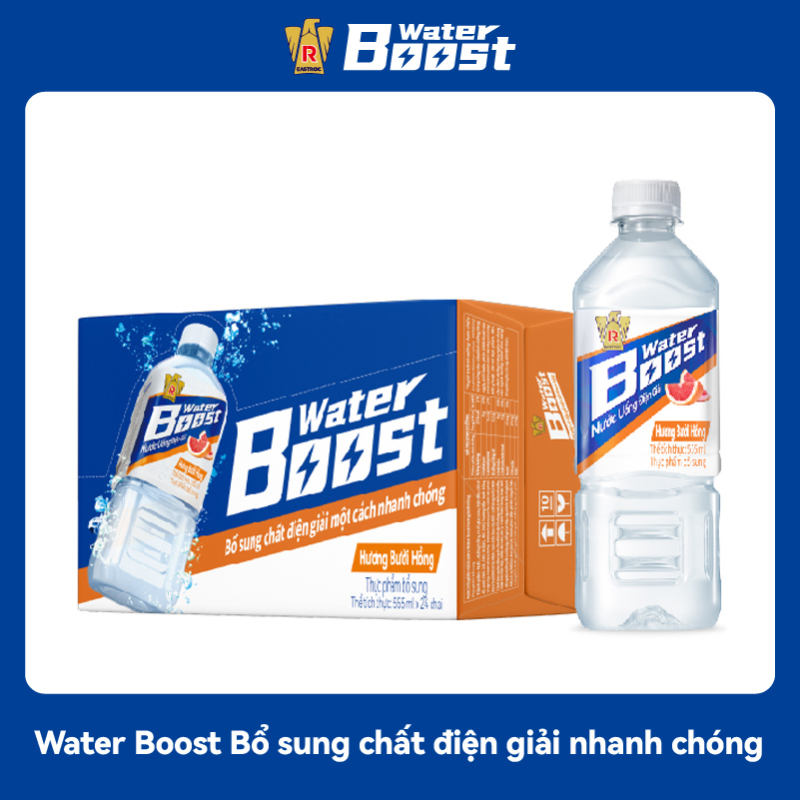 Thùng 24 Chai Nước Uống Điện Giải Water Boost Hương Bưởi Hồng (555ml/chai)