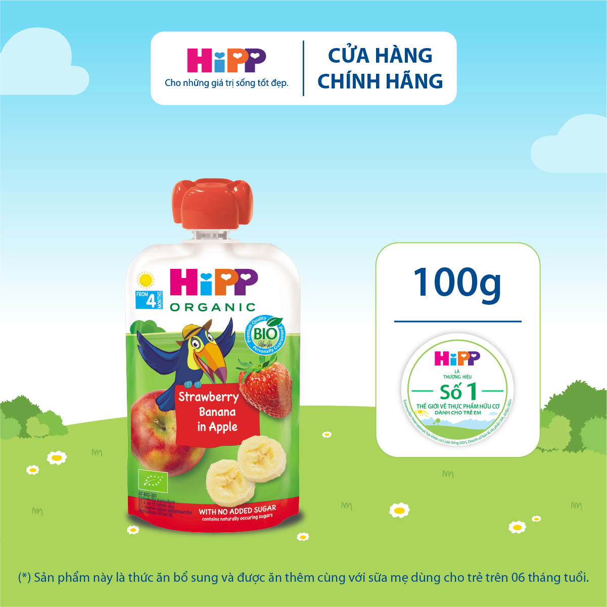 Dinh dưỡng 100% Trái cây nghiền Organic HiPPiS Dâu tây Chuối Táo 100g