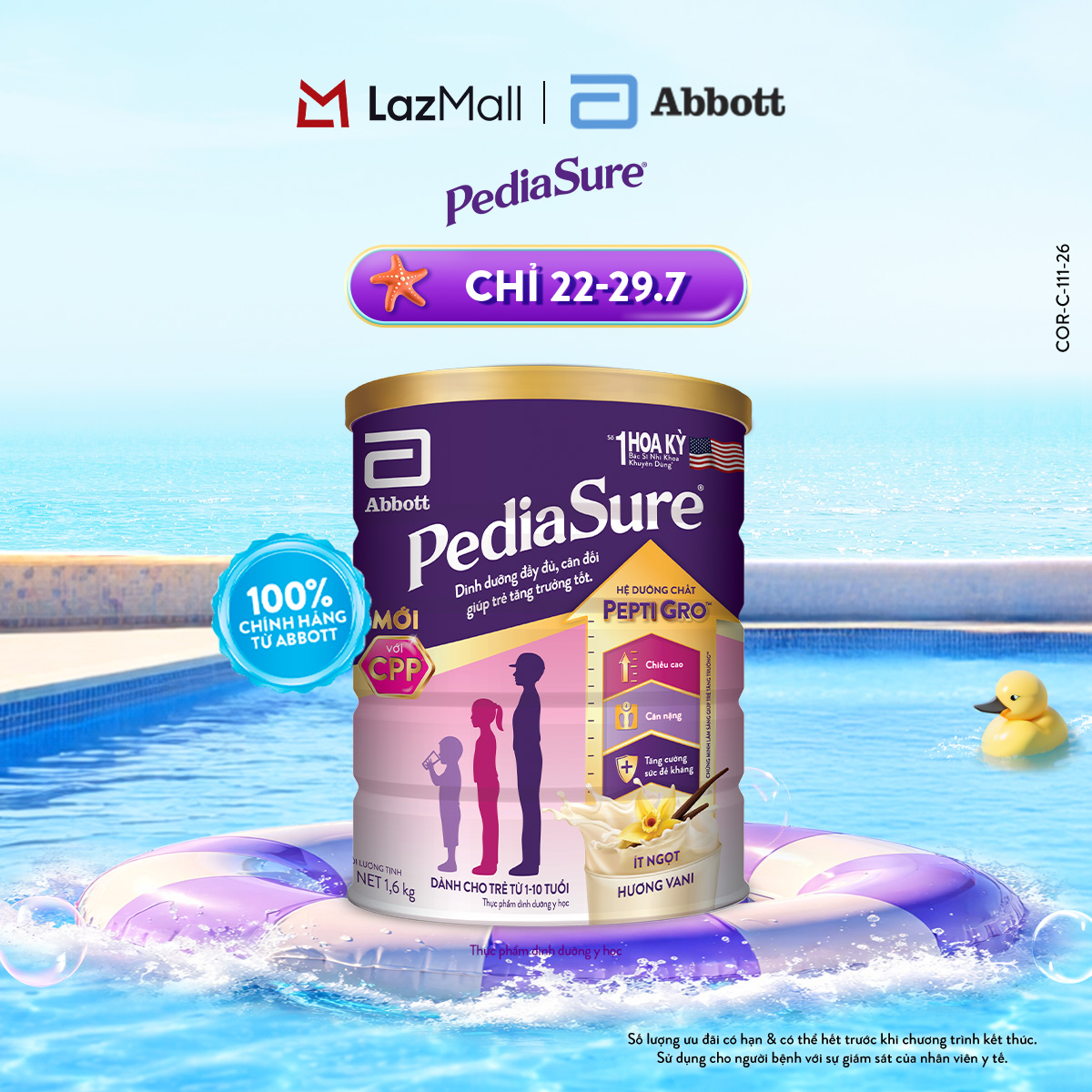 [CHỈ 20H 07-10.8 GIÁ TỐT MUA NGAY-SLCH] 1 lon PediaSure 1-10 tuổi dạng bột hương Vani 1.6kg