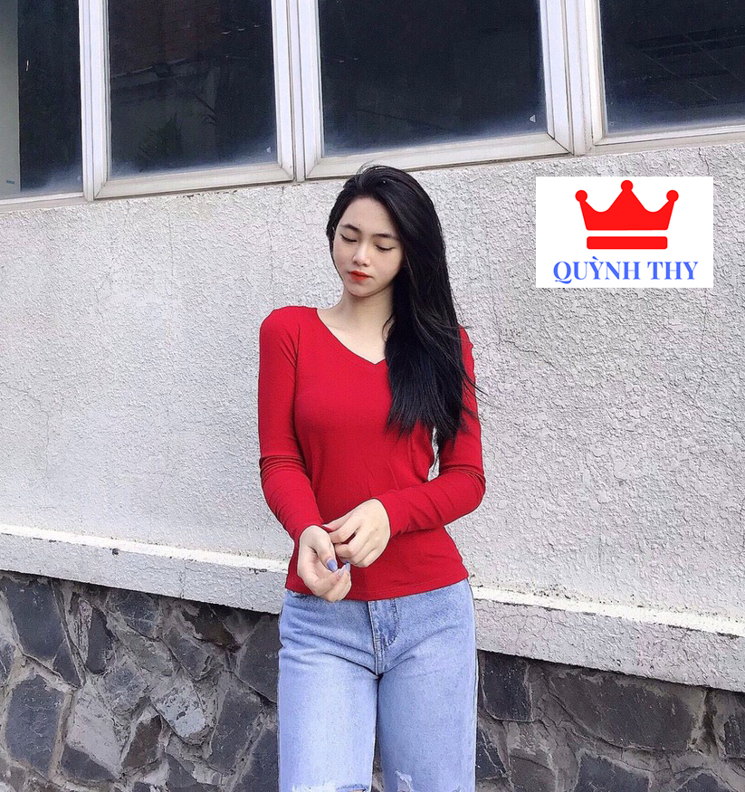 [ Hot Sale ] Áo thun nữ cổ tim tay dài  áo thun trơn cotton đẹp dễ mặc dễ phối đồ mặc bốn mùa ( I )