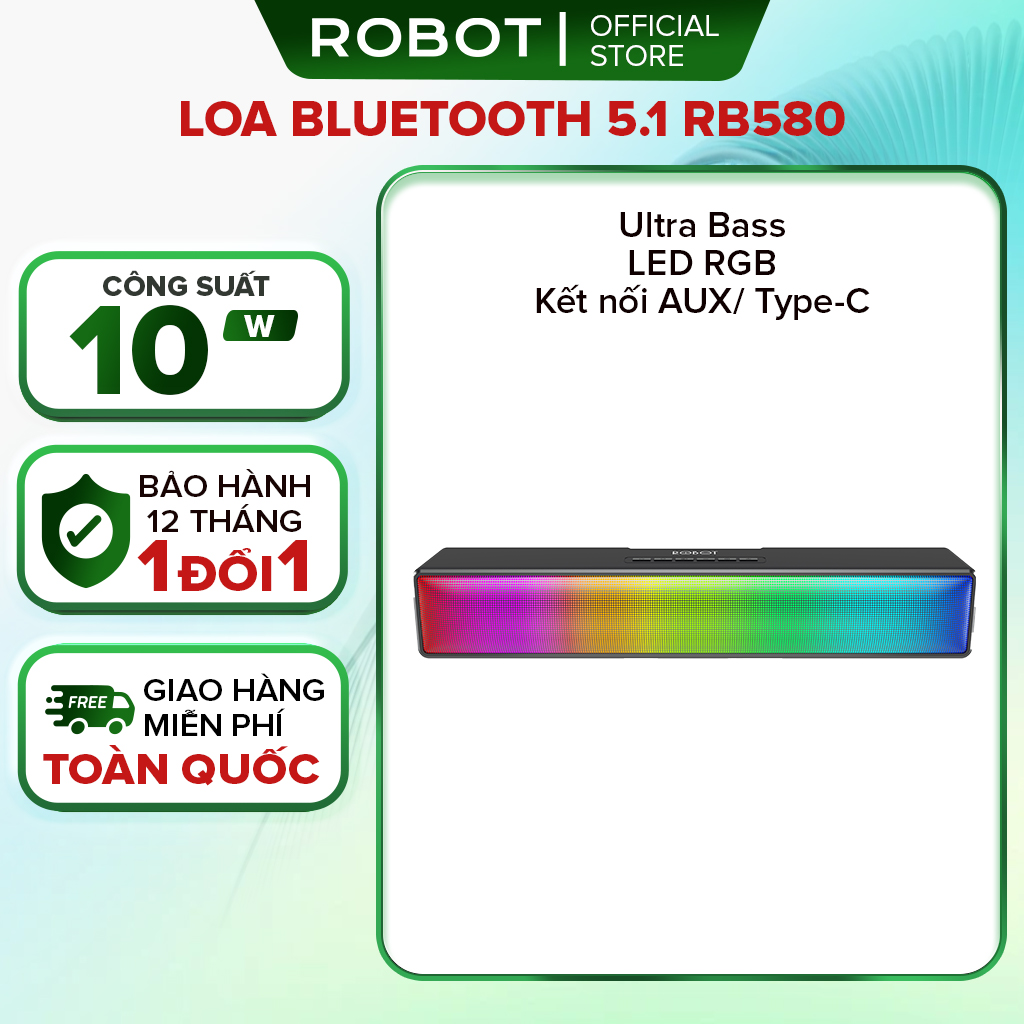 Loa bluetooth thanh soundbar Robot RB580 công suất lớn 10W LED RGB để bàn bass mạnh âm thanh hay pin lâu hỗ trợ thẻ nhớ TF chất lượng tốt sang trọng nhỏ gọn