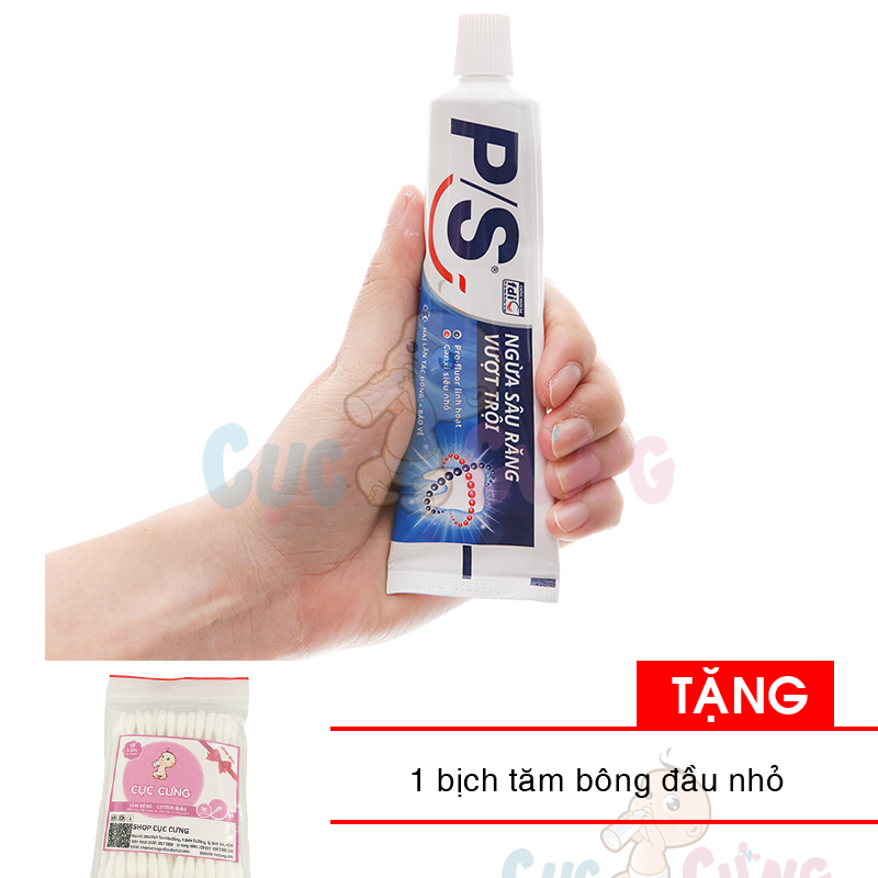 Kem Đánh Răng P/S Ngừa Sâu Răng Vượt Trội - Chắc Khỏe Răng Tuýp 110G Tặng Bịch Tăm Bông Đầu Nhỏ