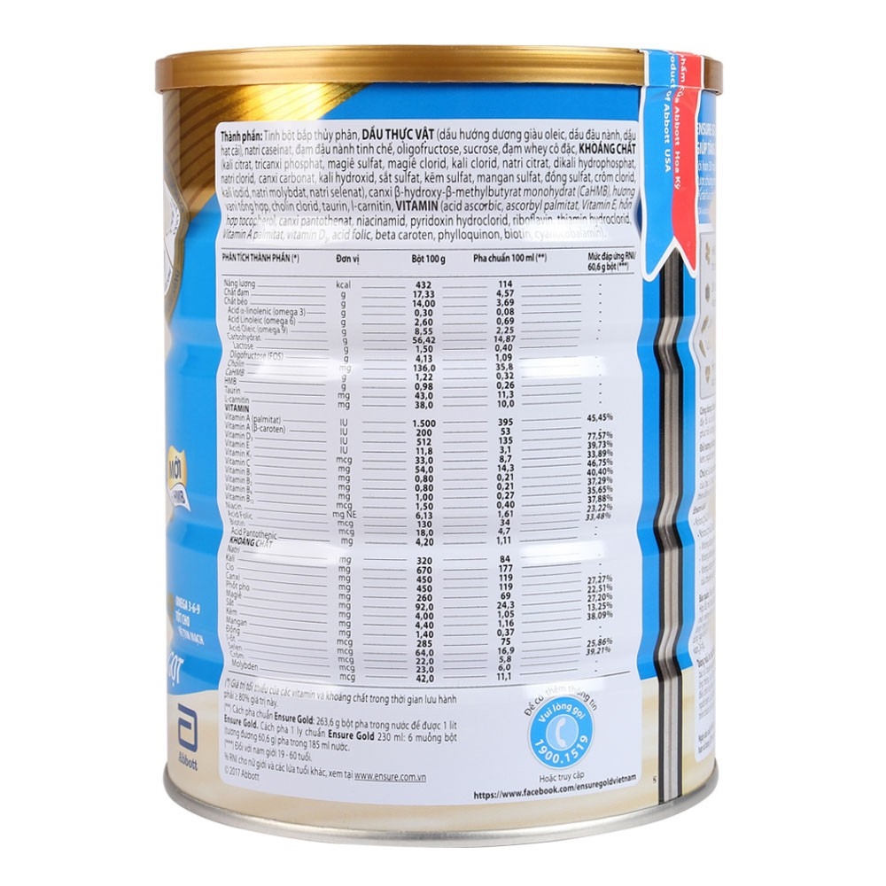 ❖  [CHÍNH HÃNG] Sữa Bột Abbott Ensure Gold HMB Hương Vani Ít Ngọt Hộp 850g (Dinh dưỡng đầy đủ và cân đối)