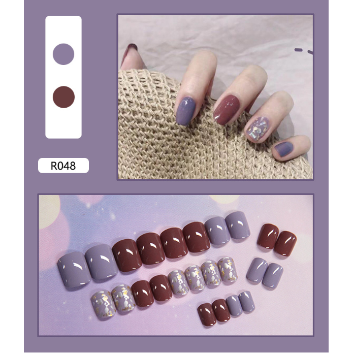 Móng Tay Giả Có Keo Sẵn LCR048 Tím nhũ – Móng vuông Nails 24 móng giả rẻ tự dán móng tại nhà