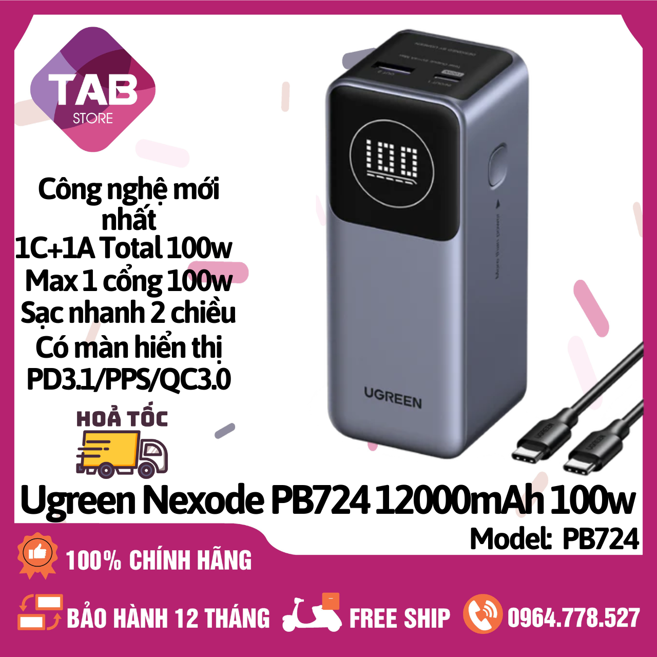 Sạc Dự Phòng UGREEN Nexode PB724 12000mAh 100W 2 Cổng - Bảo Hành 12 Tháng