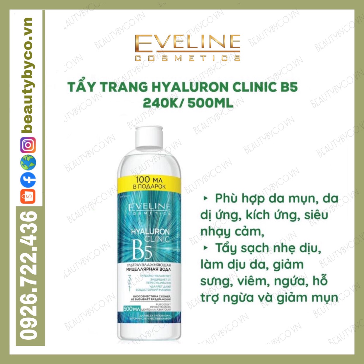 Tẩy Trang Eveline Hyaluron Clinic B5 Làm Sạchgiảm Viêmngừa Mụn Cho Da Mụndị Ứngsiêu Nhạy Cảm