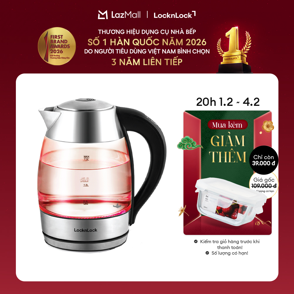 EJK341 - Ấm đun nước siêu tốc thủy tinh Lock&Lock 1.8L Tùy chỉnh đun 4 mức nhiệt - Hàng chính hãng -
