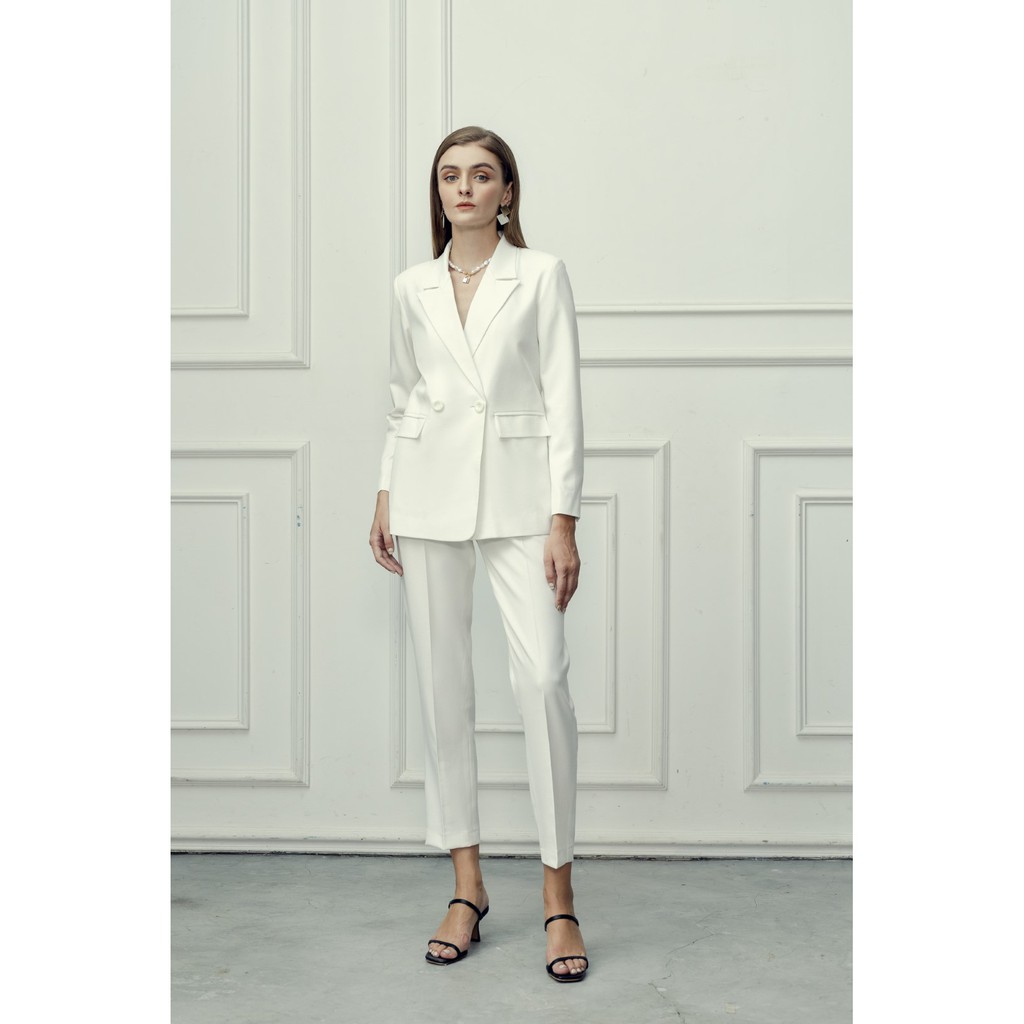 Set áo Blazer nữ 2 khuy tay dài + quần tây ống xuông ONMIX chất liệu vải Tweed trắng trơn cao cấp