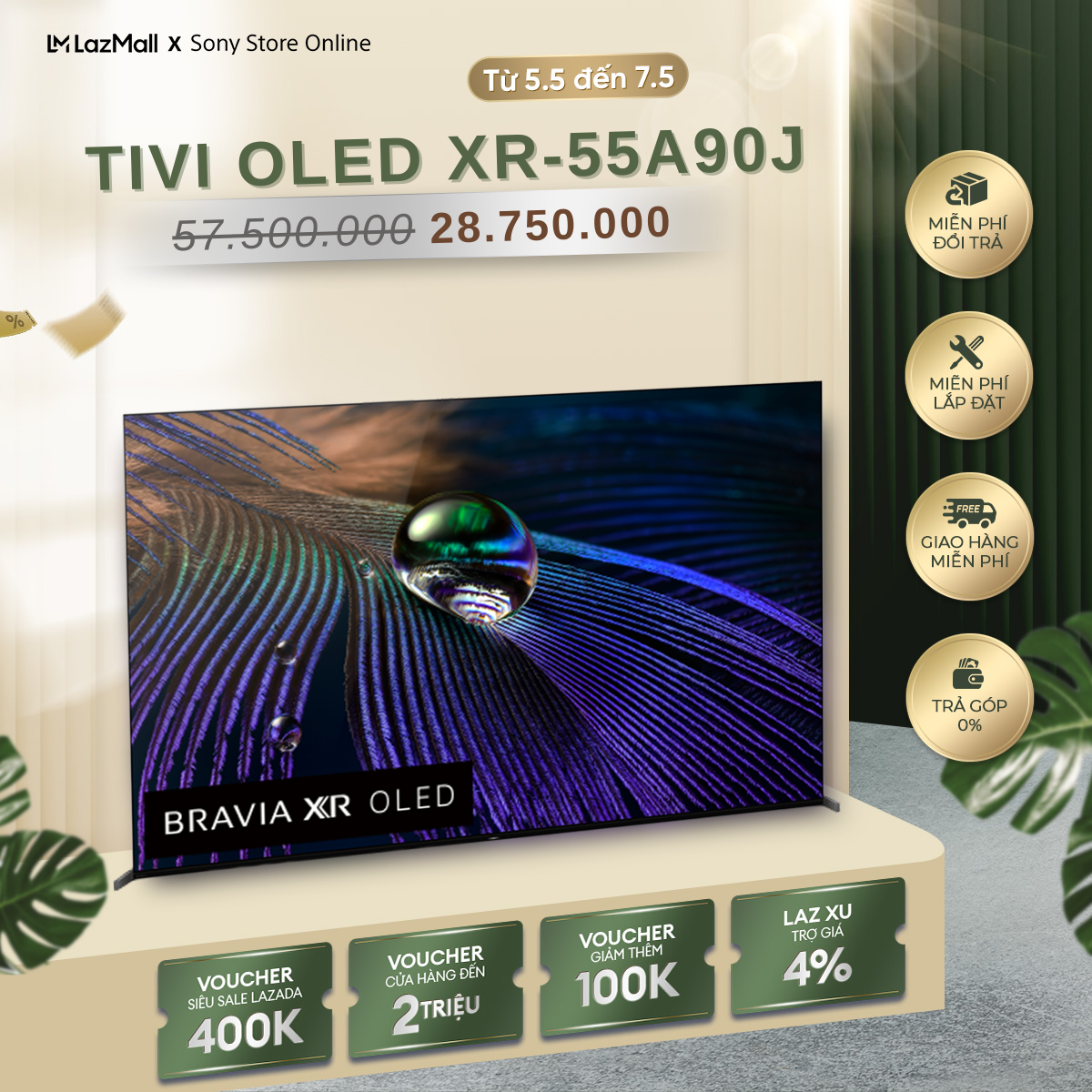 Tivi Sony 55 inch | 55A90J | BRAVIA XR | MASTER Series| OLED | 4K Ultra HD | Dải tần nhạy sáng cao (HDR) | Smart TV (Google TV)