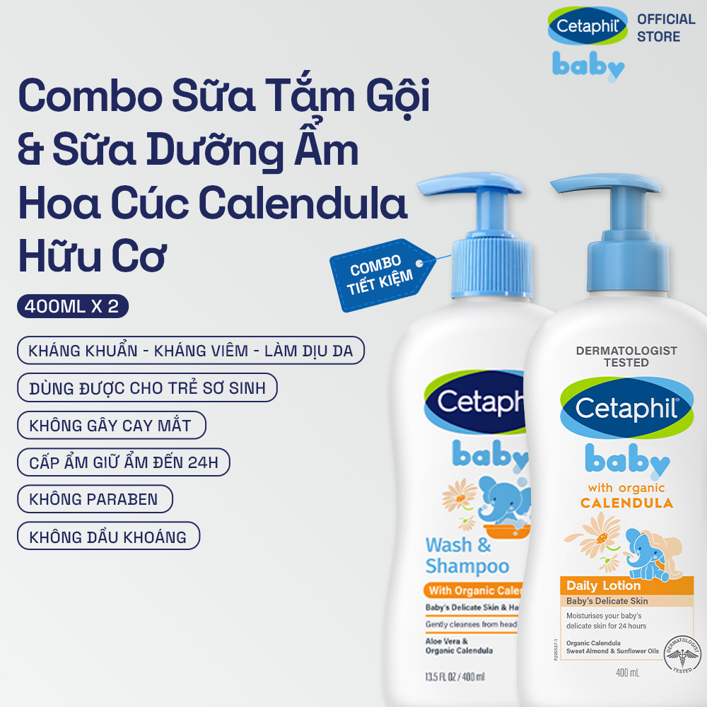 Combo Sữa tắm gội Cetaphil Baby W&S with Organic Calendula 400ml + Sữa dưỡng thể Cetaphil Baby with Organic Calendula 400ml