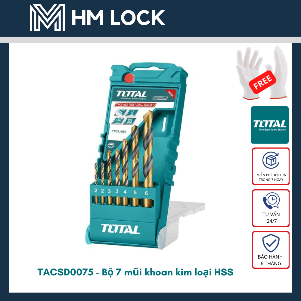 BỘ 6 MŨI KHOAN KIM LOẠI HSS 234568MM TOTAL - LOẠI HỘP ĐỰNG - HÀNG CHÍNH HÃNG - TACSD0065 - HM LOCK