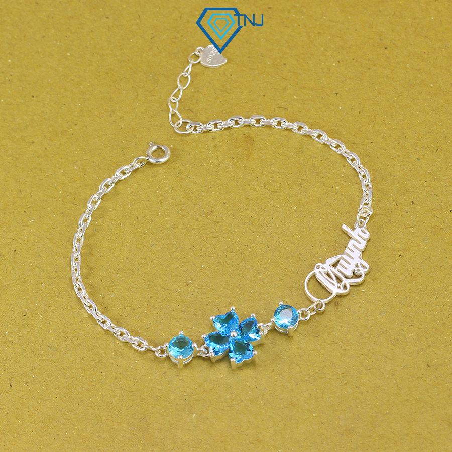 Lắc tay bạc nữ cỏ 4 lá đính đá xanh dương khắc tên LTN0396 - Trang Sức TNJ