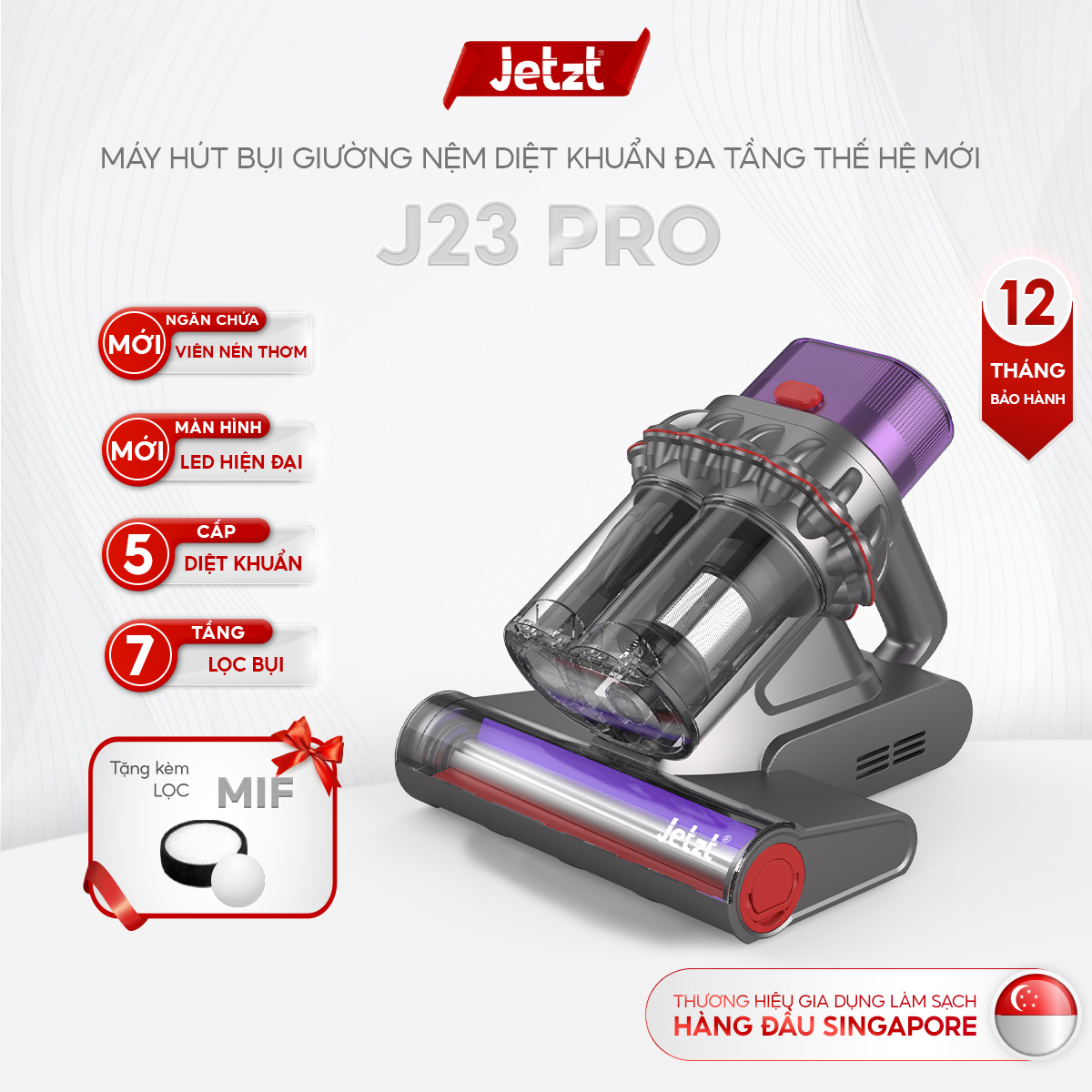 Máy hút bụi giường nệm JETZT J23 - Lực hút 20.000 Pa, Dung lượng 0.3L, Kích thước nhỏ gọn