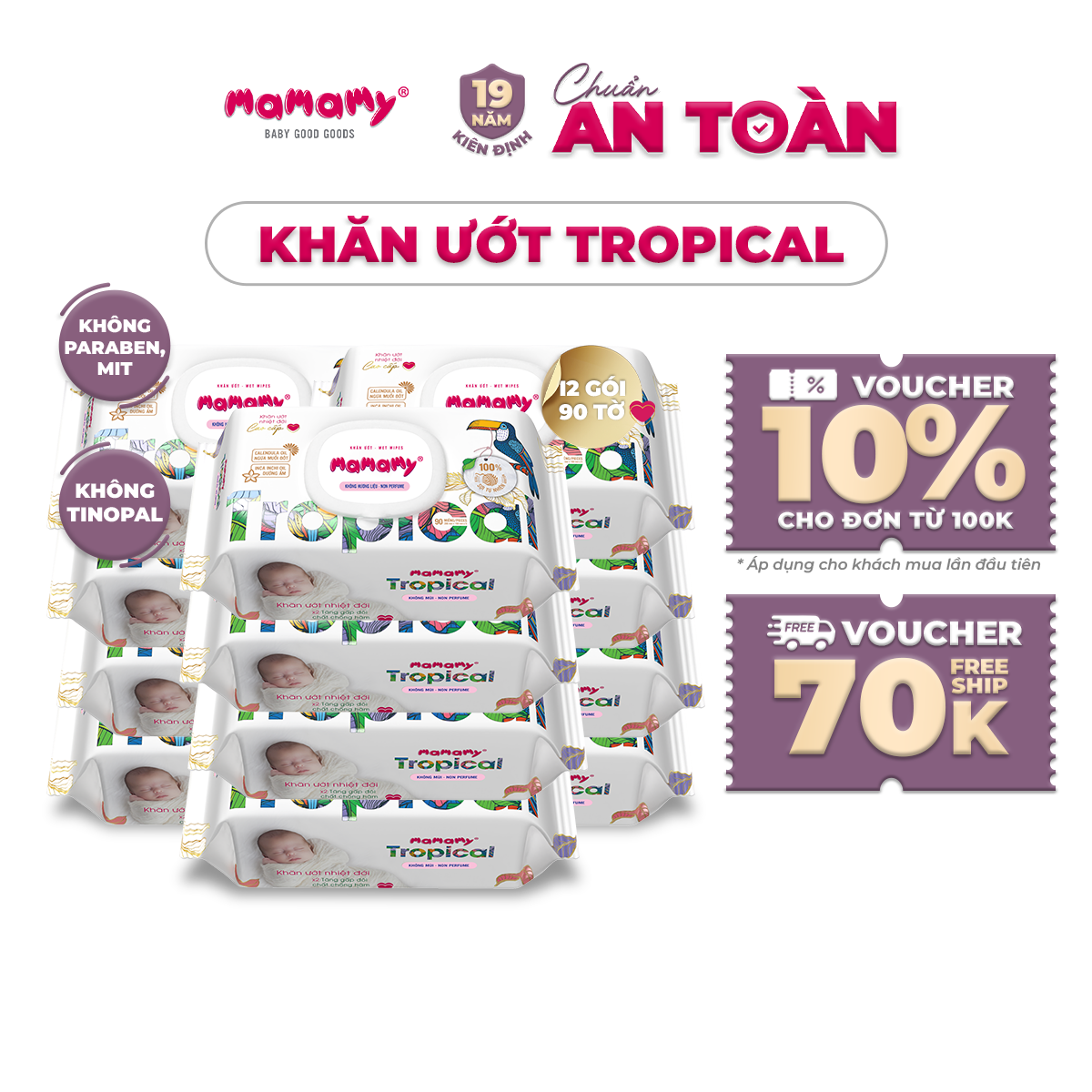 COMBO 12 bịch khăn ướt Mamamy Tropical 90 tờ an toàn cho bé từ sơ sinh
