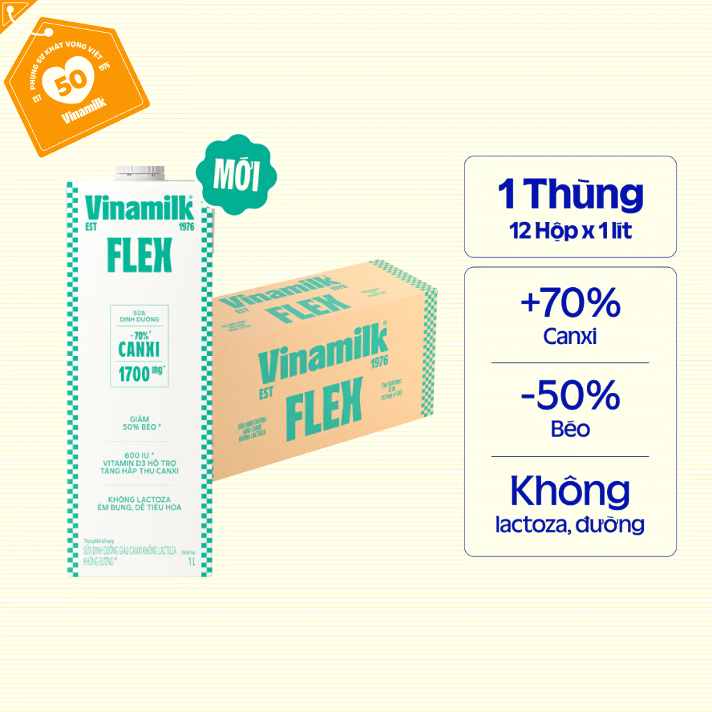 Thùng 12 Hộp Sữa Dinh Dưỡng Flex Giàu Canxi Không Lactoza 1L