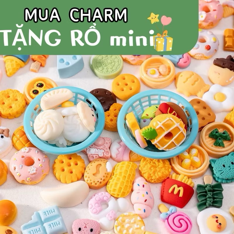 Combo 100 Charm Túi Mù Mô Hình Chai Nước Đồ Ăn Mini Không Trùng Lặp Làm Đồ Thủ Công DIY Trang Trí Nhà Búp Bê