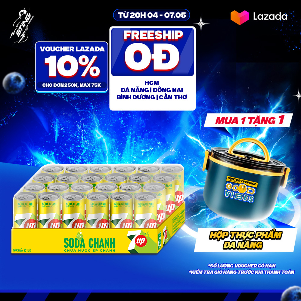 [SALE 5/5] Thùng 24 Lon Nước Uống Có Gaz 7UP Soda Chanh Không Calo (320ml/lon)