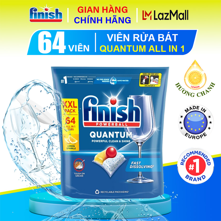 Viên rửa bát Finish Powerball Quantum All In 1 Lemon Sparkle hương chanh - Túi 64 viên rửa chén Fini