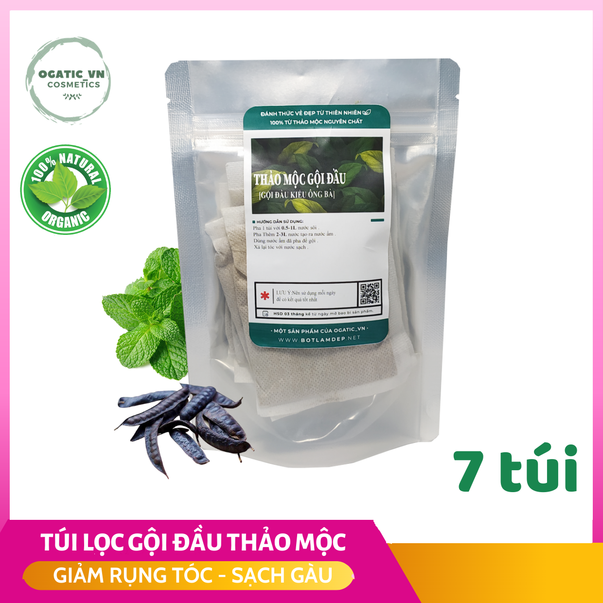 [HCM]Túi lọc Thảo dược Gội đầu (7 ngày gội) - Giúp Ngăn Gàu Hiệu Quả Làm Sạch Vảy Nấm Giảm rụng tóc kích mọc tóc Duy Trì Tóc Khỏe Đẹp Mềm Mại OGATIC-vn