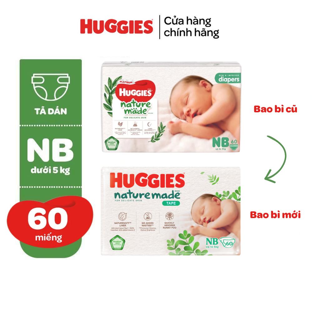 Tã/Bỉm dán Huggies NatureMade NB60/S82/M64/L54/XL44