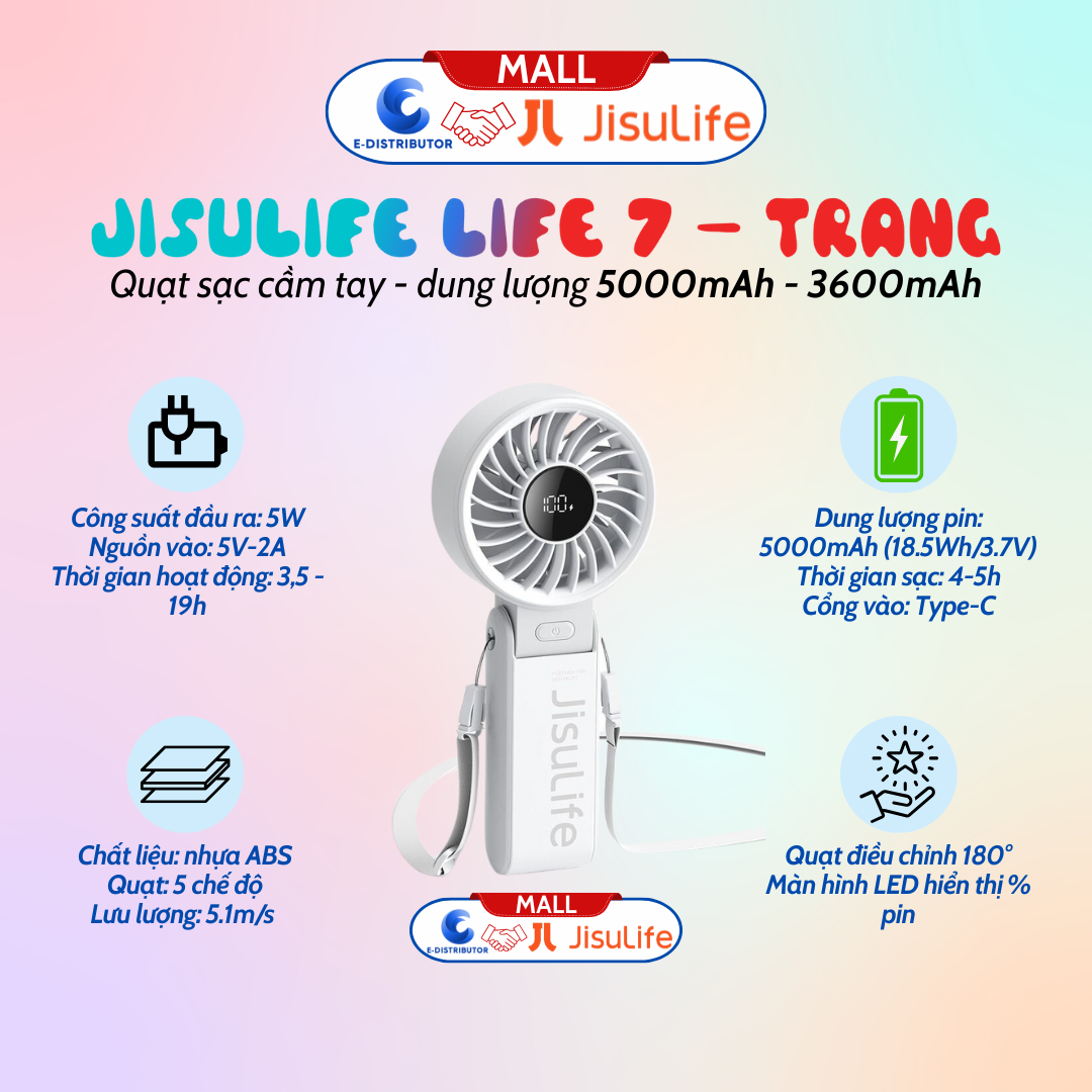 Quạt Sạc Cầm Tay Gấp Gọn JisuLife Life 7 - Dung Lượng 3600 - 5000mAh - Hàng Chính Hãng
